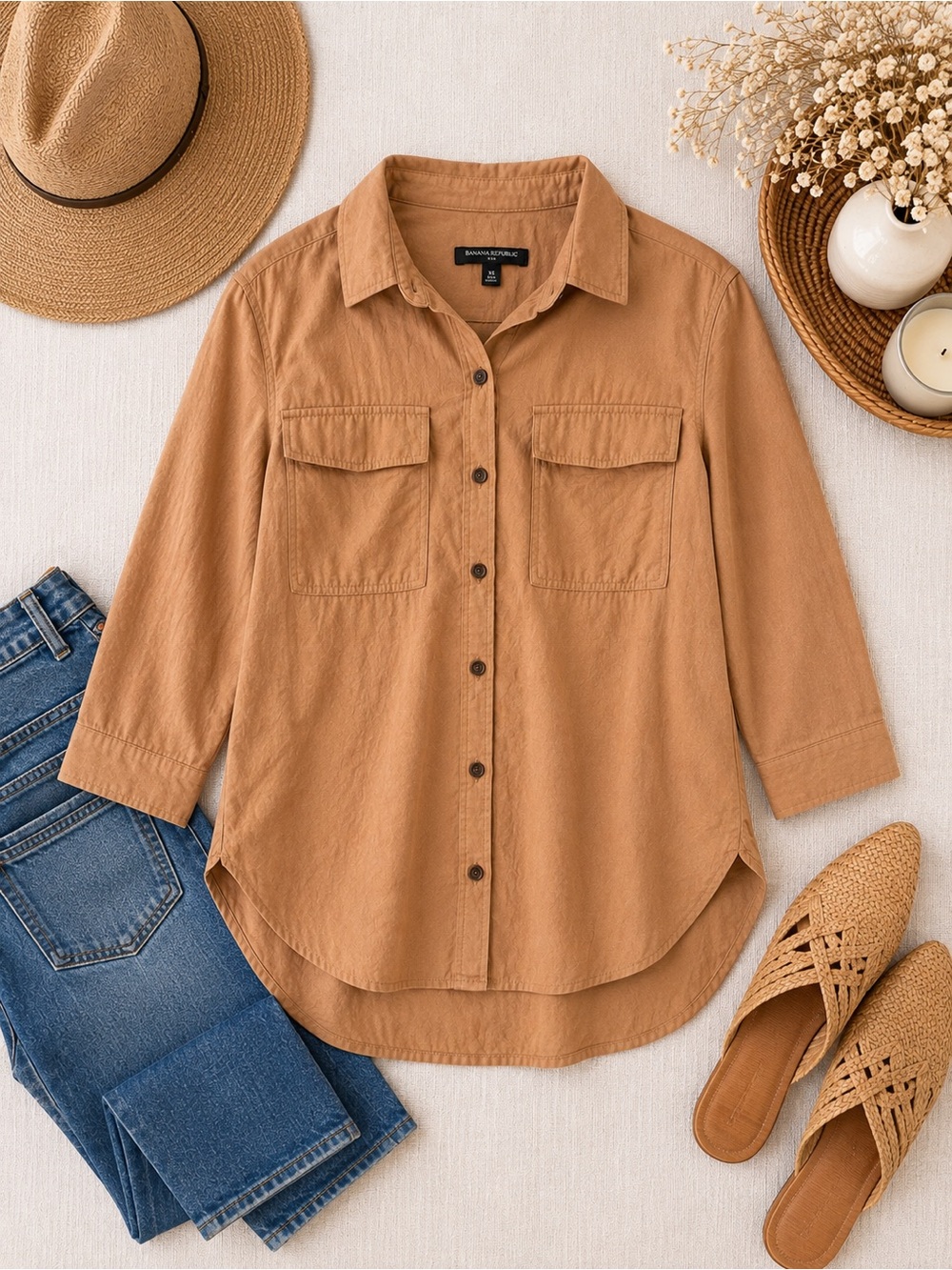 Banana Republic Camel Utility Button-Up Shirt | Petite XS | Rayon Blend